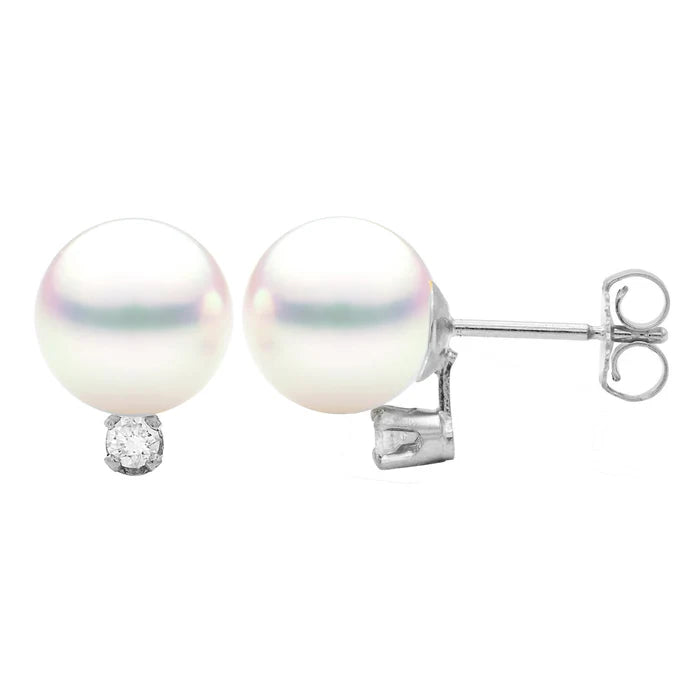 Diamond Akoya Pearl Stud Earrings 8-8.5mm